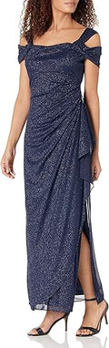 Alex Evenings Women's Long Glitter Mesh Cold Shoulder Dress - Petite