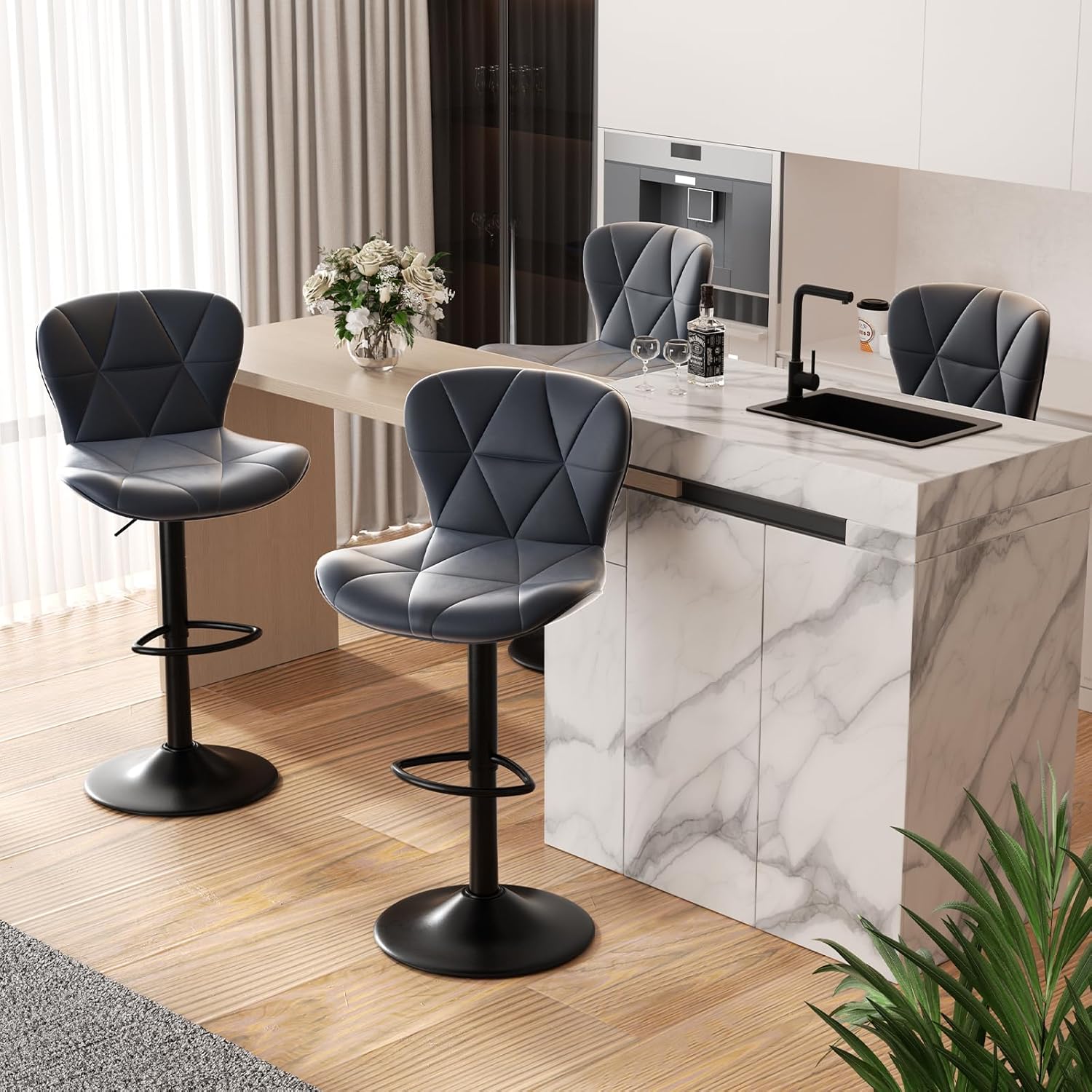 Modern Adjustable Faux Leather Bar Stools Set of 4 for Kitchen