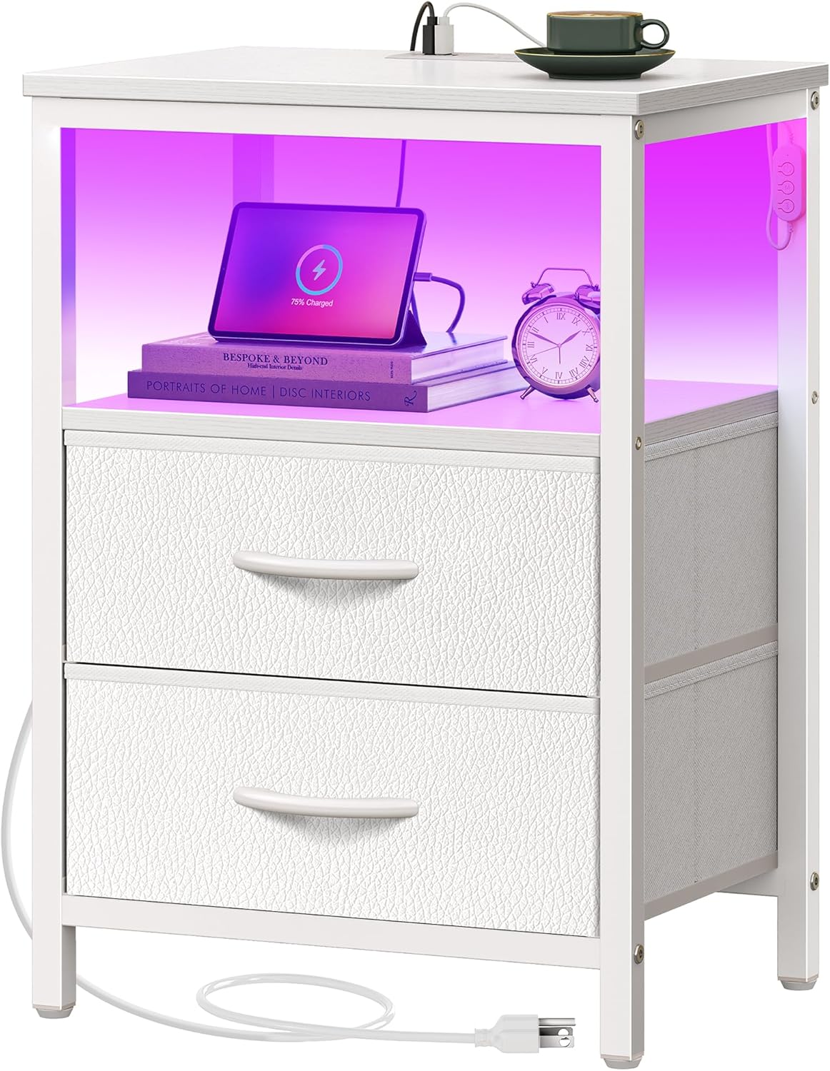 Modern Night Stand with Charger Station and LED Lights for Bedroom
