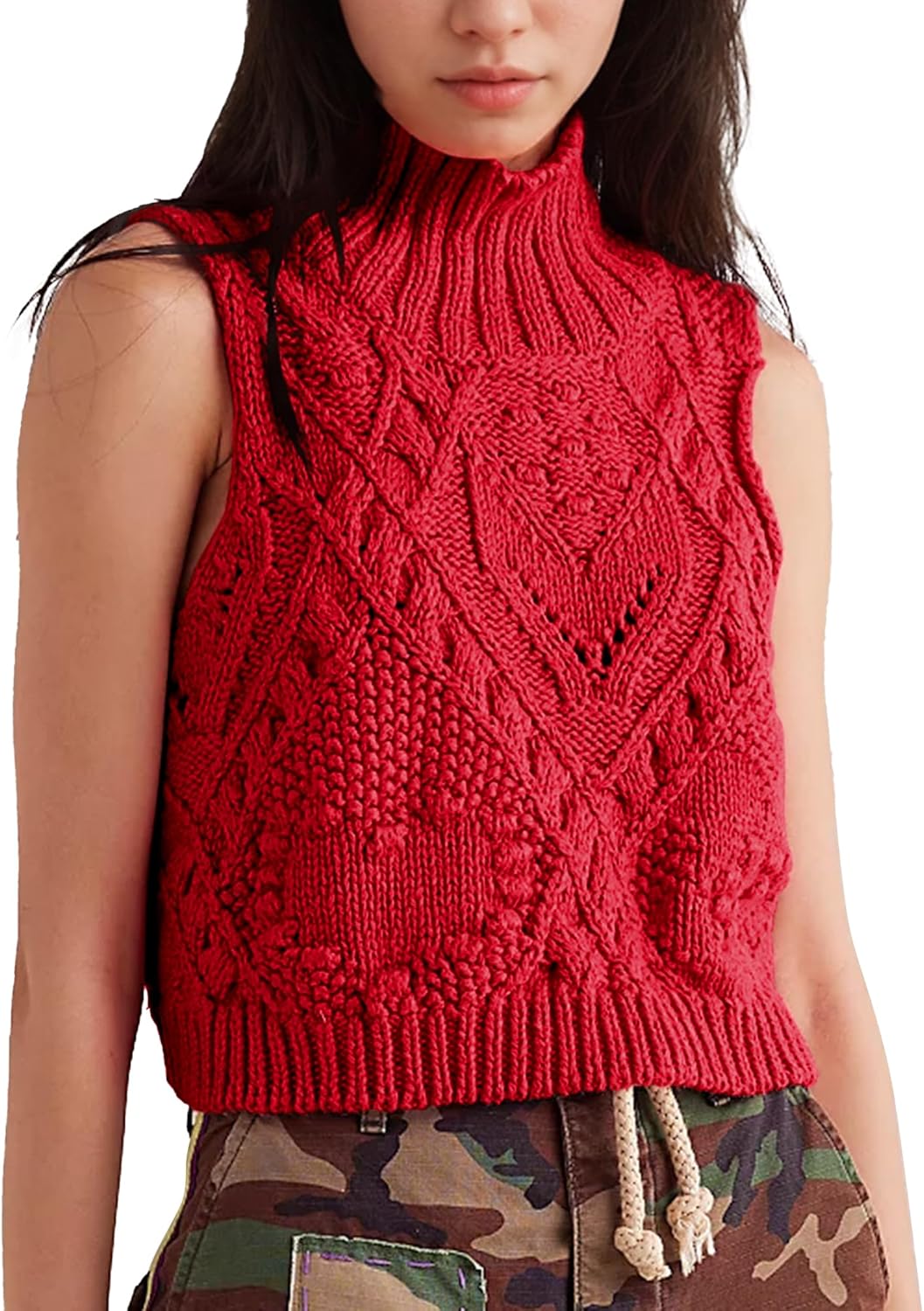 Turtleneck Crochet Sweater Vest for Women - Fall Fashion Knit Top