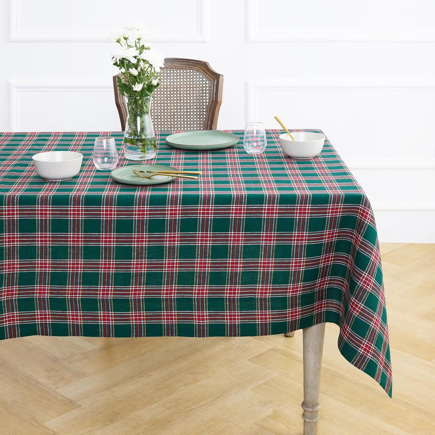 Christmas Plaid Tablecloth 60 x 90 Inch - Pure Linen Green Tartan