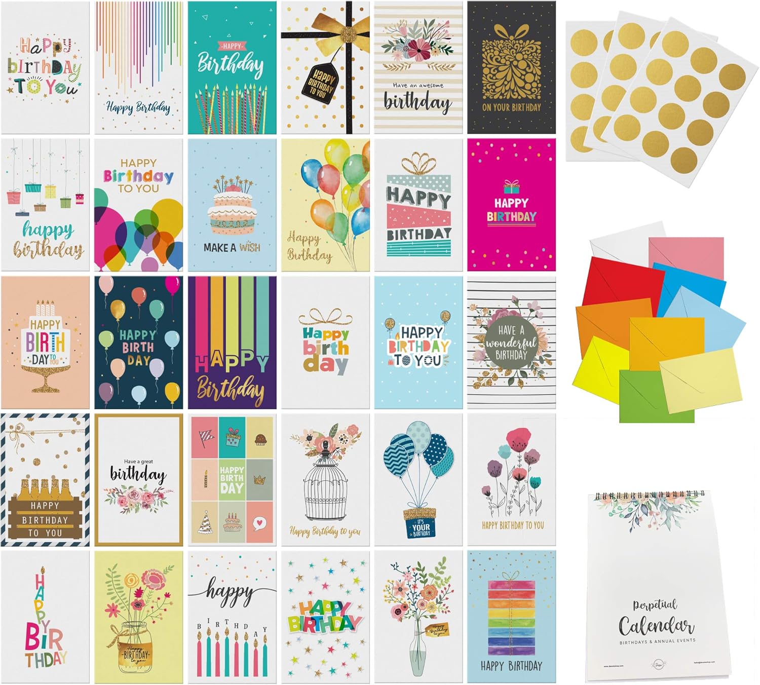 Dessie Happy Birthday Card Set - 30 Unique Designs, Gold Foil, Bulk Pack with Calendar & Stickers