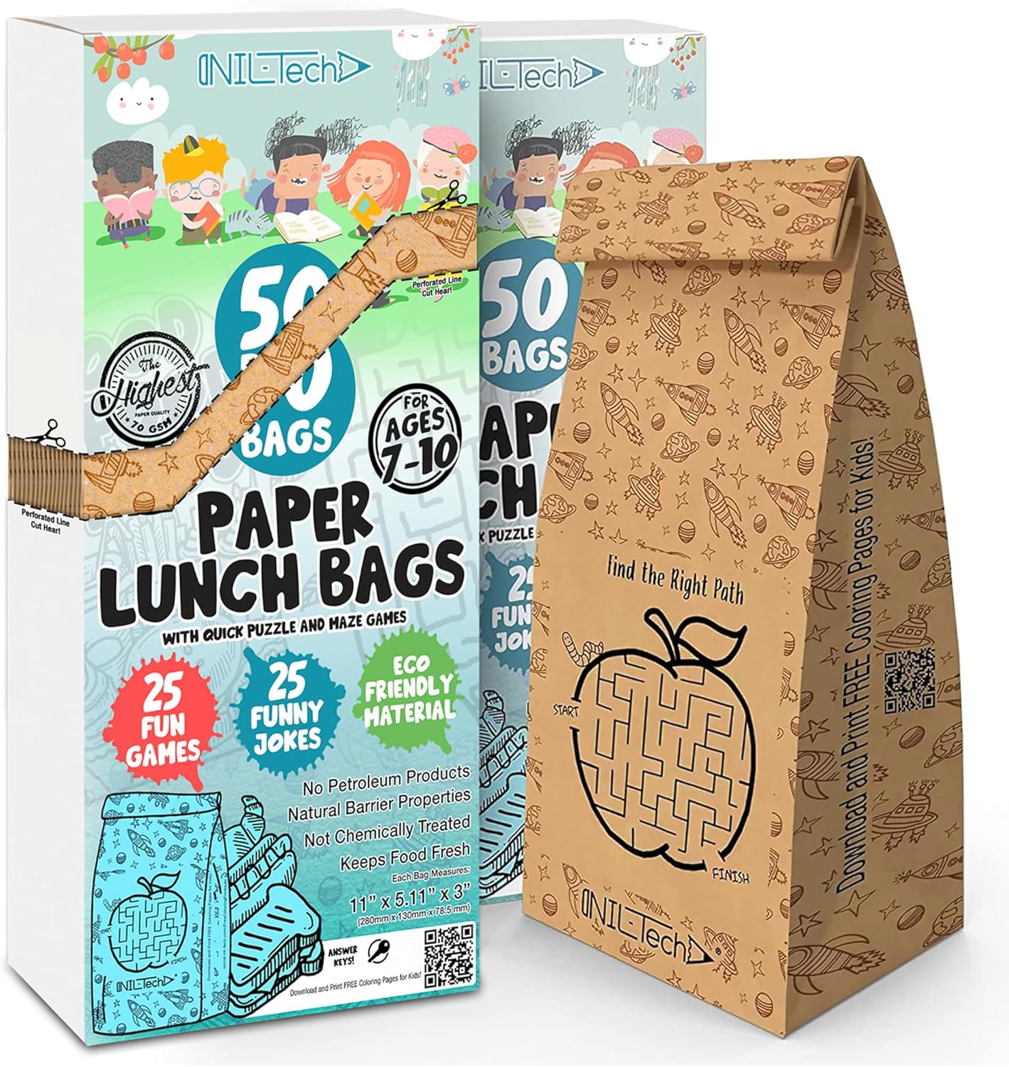 Disposable Lunch Bags for Kids - Fun Kraft Paper Snack Bags