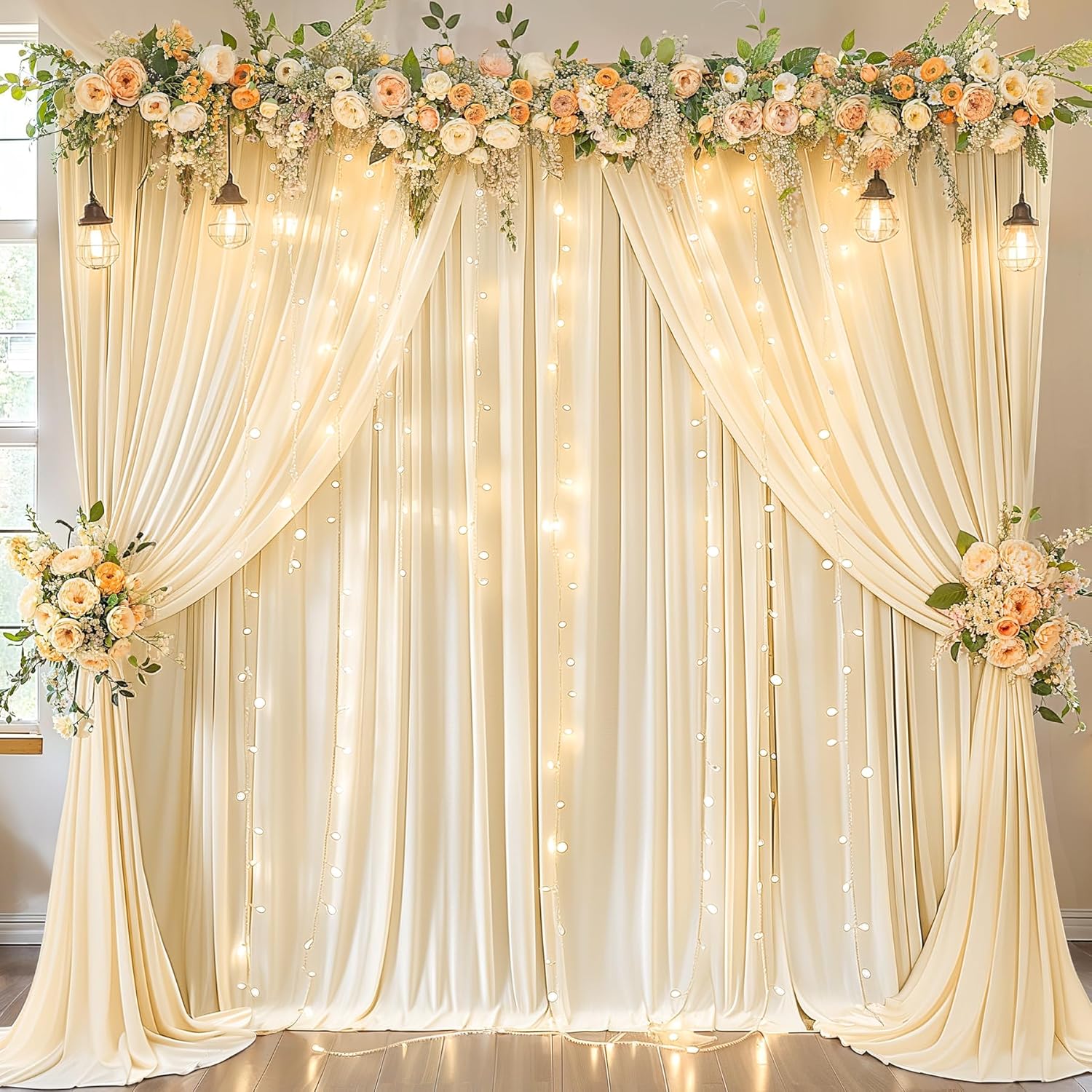 10x10ft Champagne Backdrop Curtains with Lights for Events