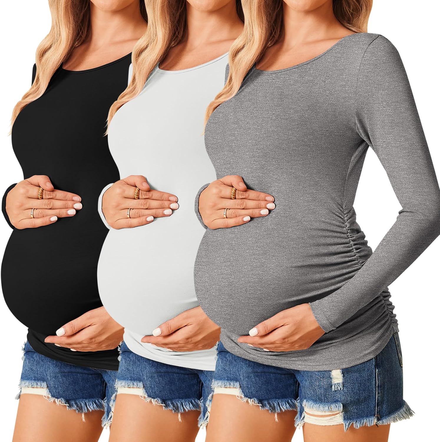 Ekouaer Womens Maternity Shirts Long Sleeve 3 Pack Tunic Tops