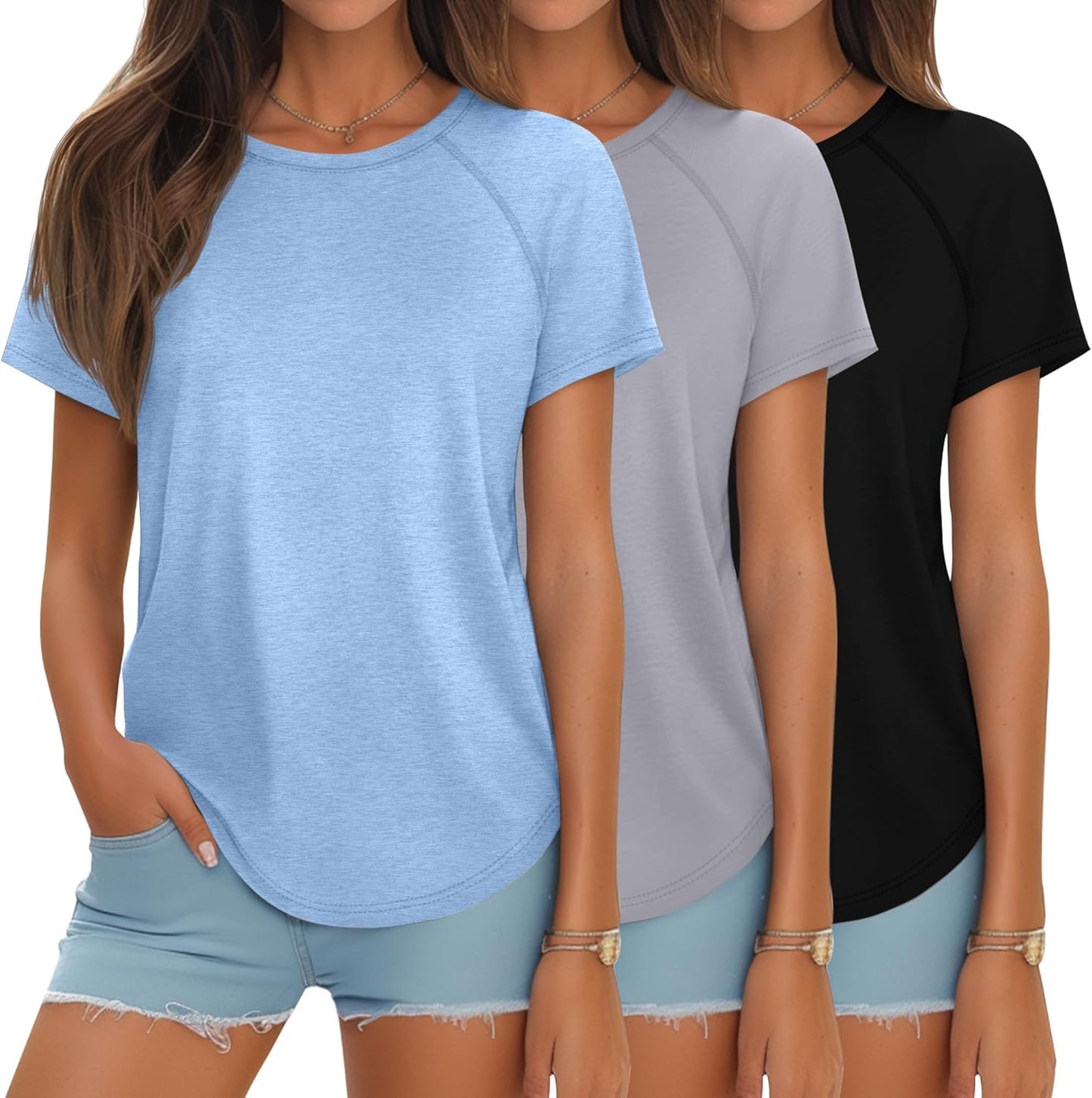 Ficerd 3 Pcs Women Short Sleeve Shirts for Summer Style