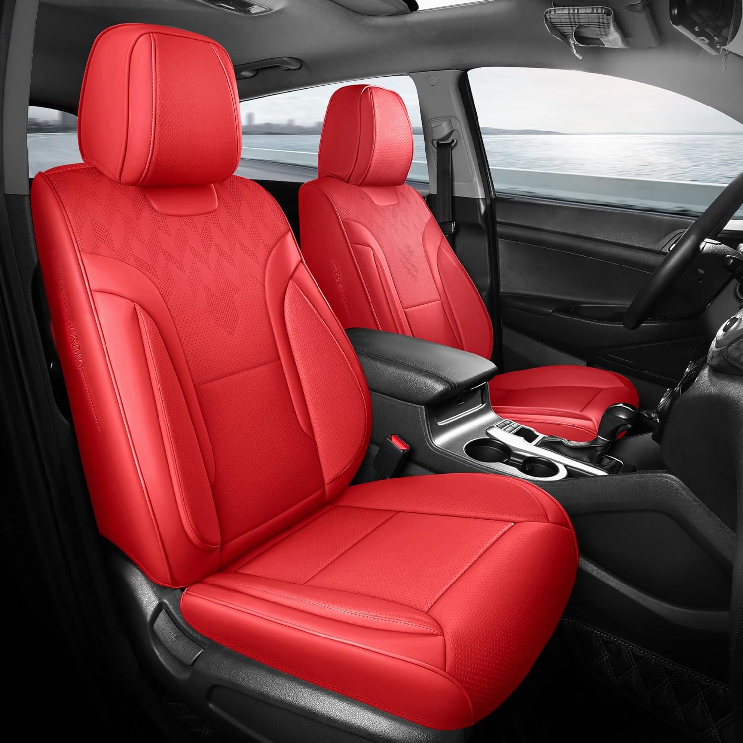 Red Car Seat Covers Full Set - Breathable Faux Leather Comfort