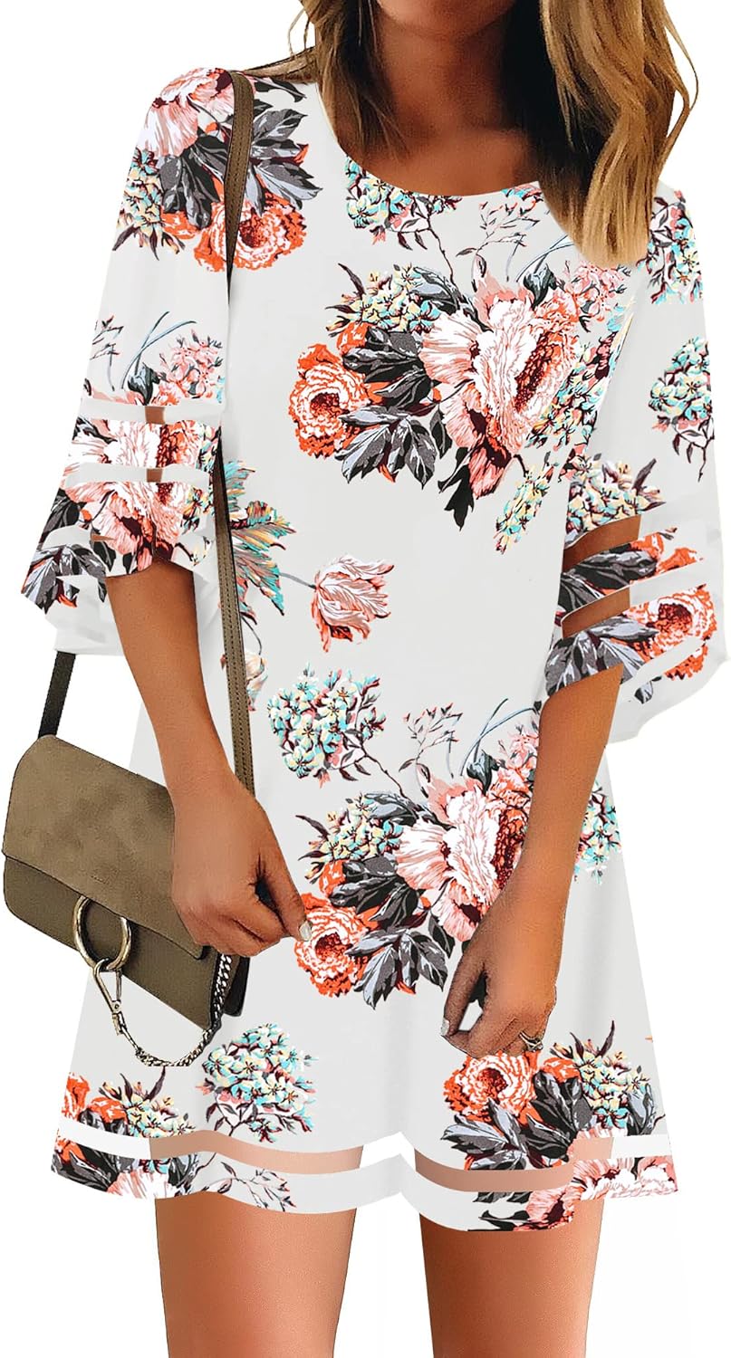 Casual Crewneck Mesh Panel Bell Sleeve Tunic Dress for Women