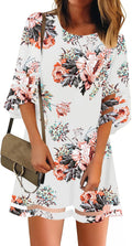 Women Casual Crewneck Mesh Panel 3/4 Bell Sleeve Loose Tunic Dress in