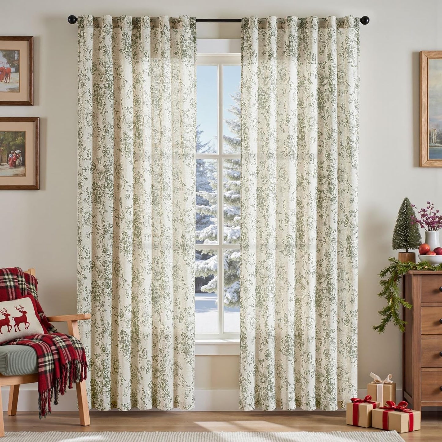 Floral Linen Blend Curtains for Living Room 84 Inch Length