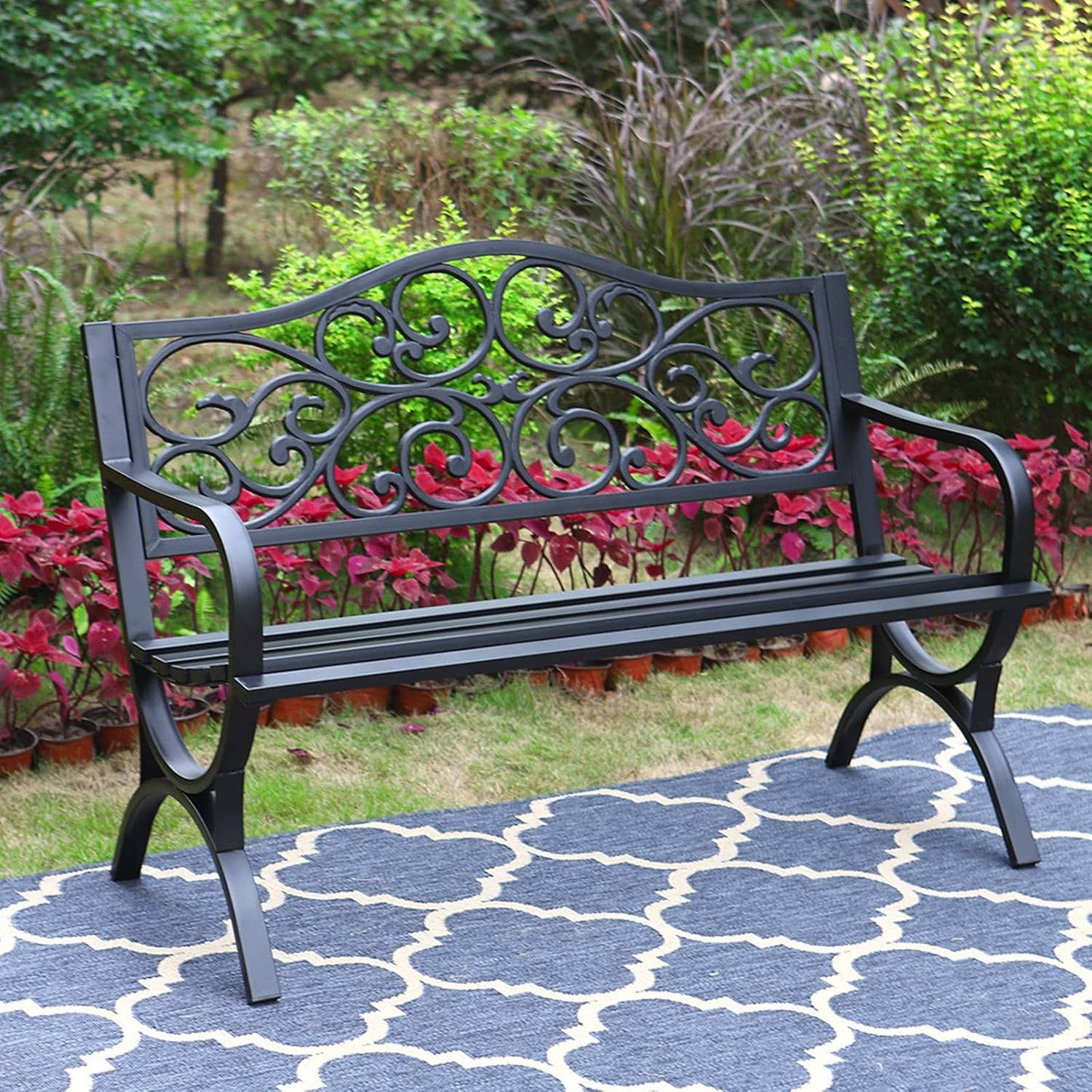 MFSTUDIO 50 Inches Outdoor Garden Bench with Floral Pattern