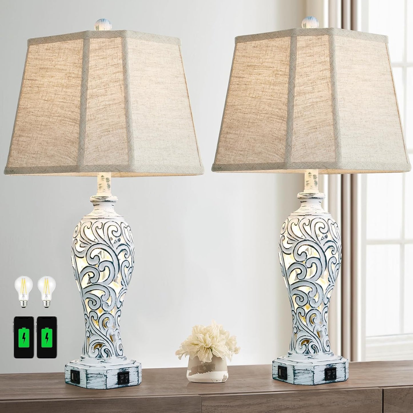 25in Farmhouse Table Lamps Set of 2 with USB Ports for Home