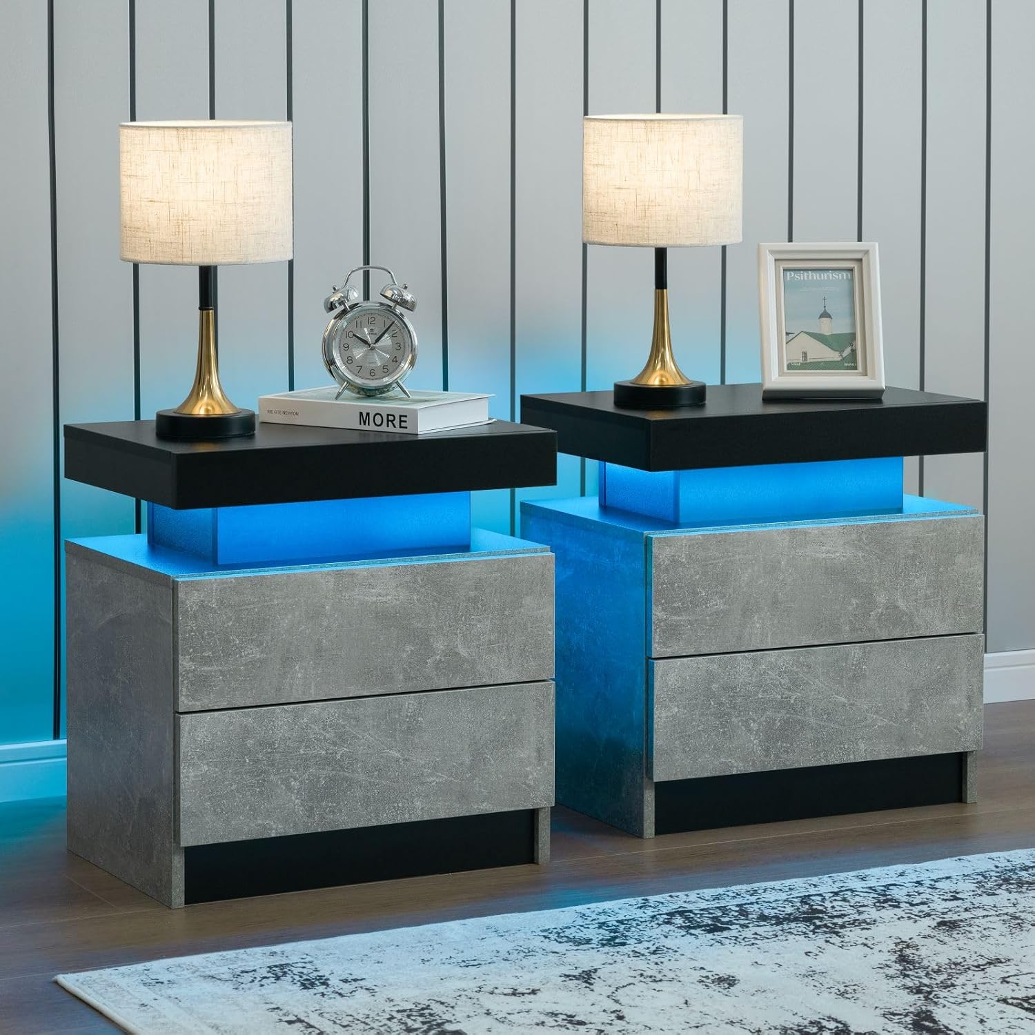 Grey Nightstand Set of 2 with LED Light and Ample Storage