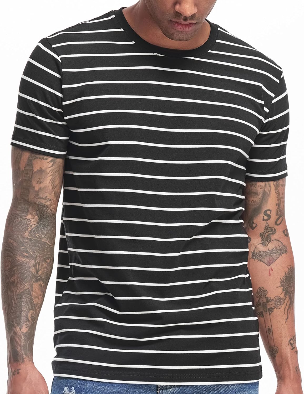 VEIISAR Men's Crewneck Striped T-Shirt for Comfort and Style