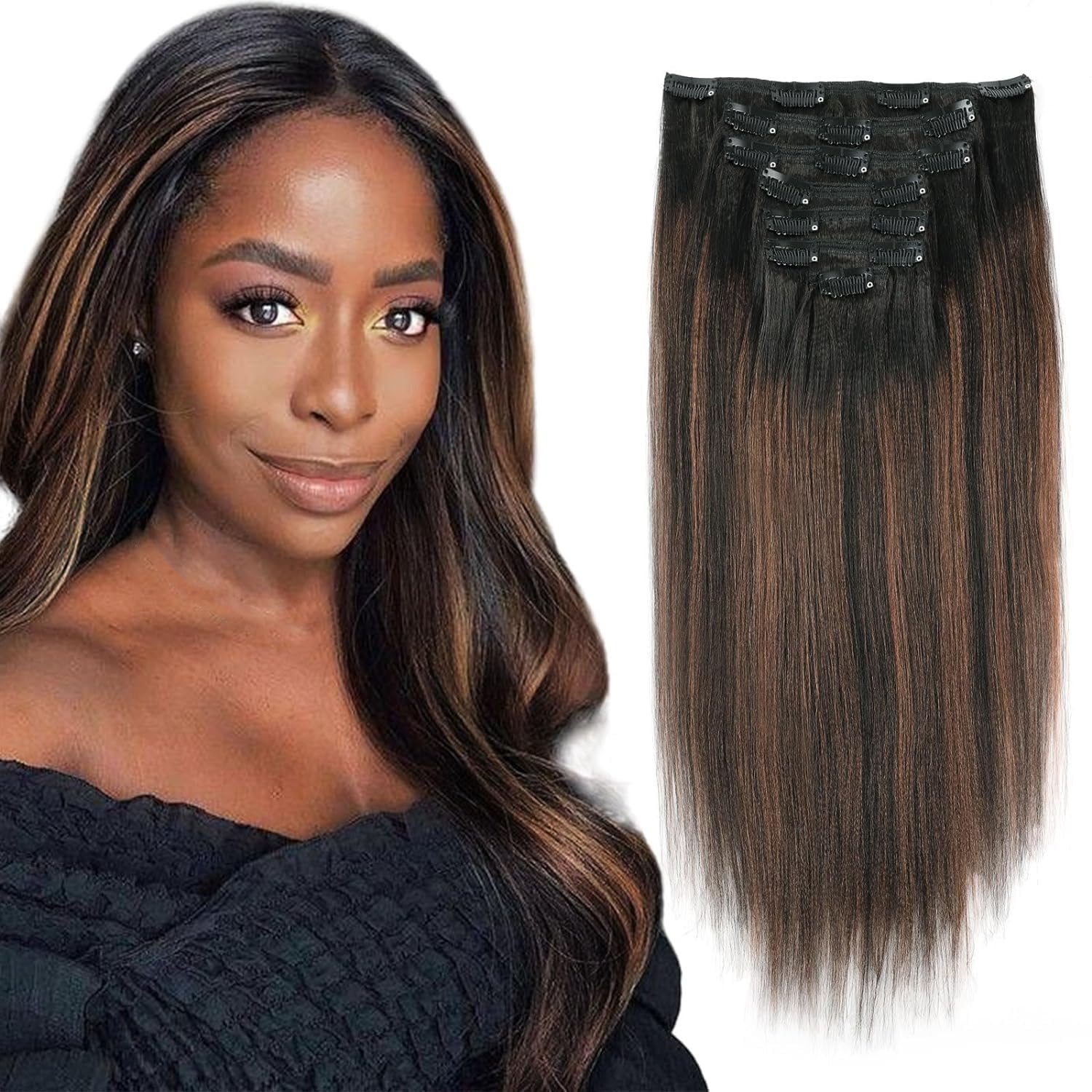 Yaki Straight Clip Ins for Black Women - Natural Black & Brown