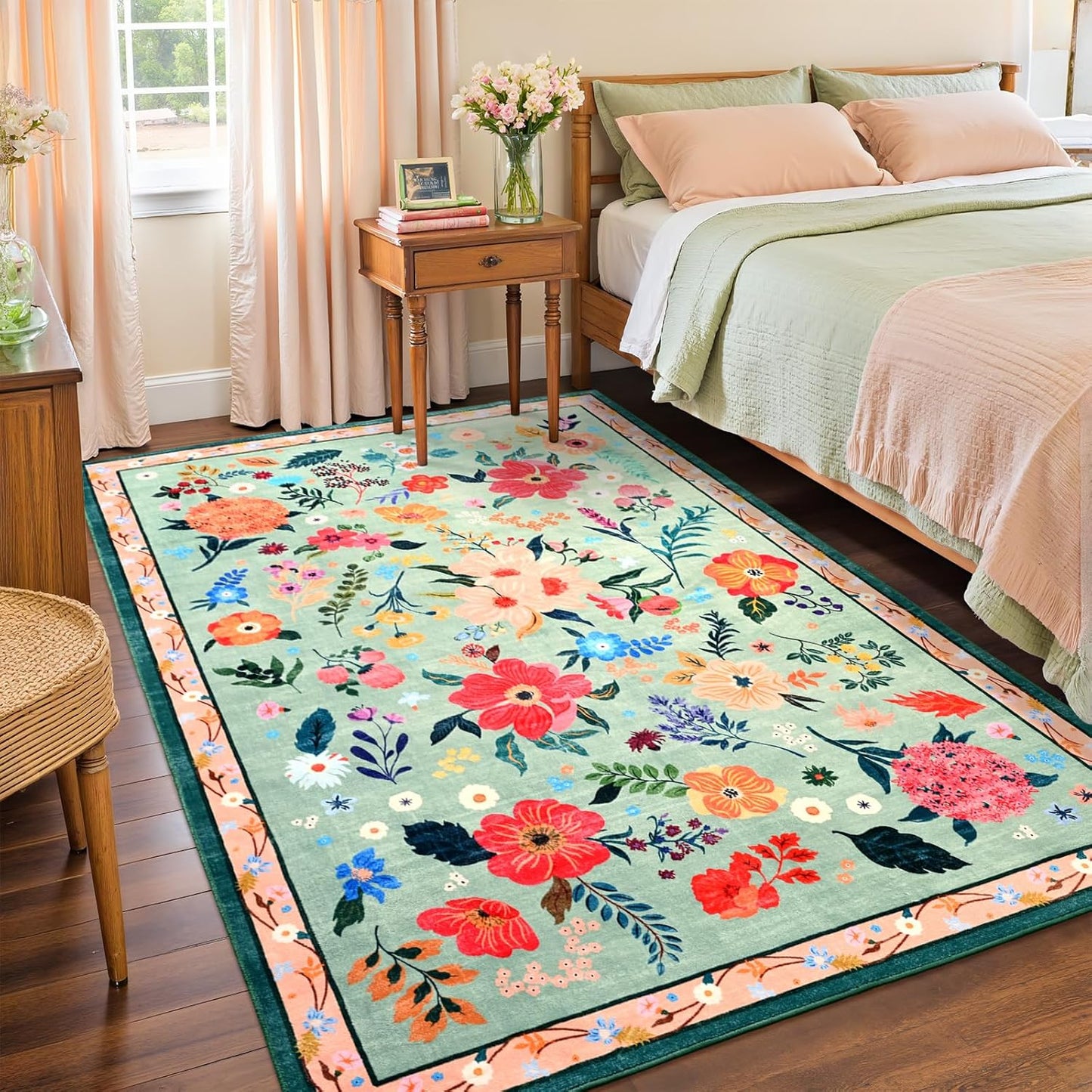 Floral Area Rug for Girls Bedroom, Machine Washable & Non-Slip