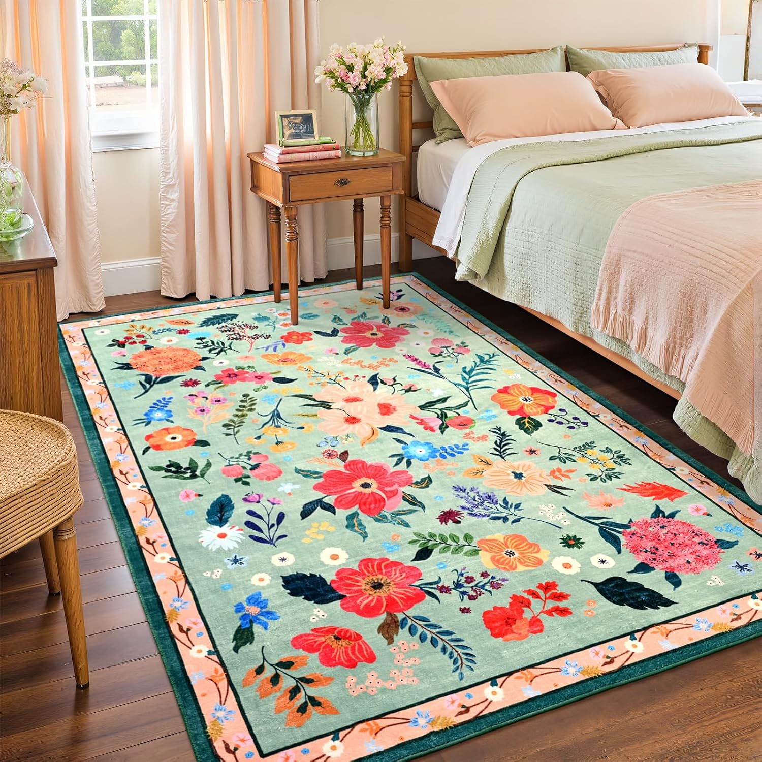 Floral Area Rug for Girls Bedroom, Machine Washable & Non-Slip