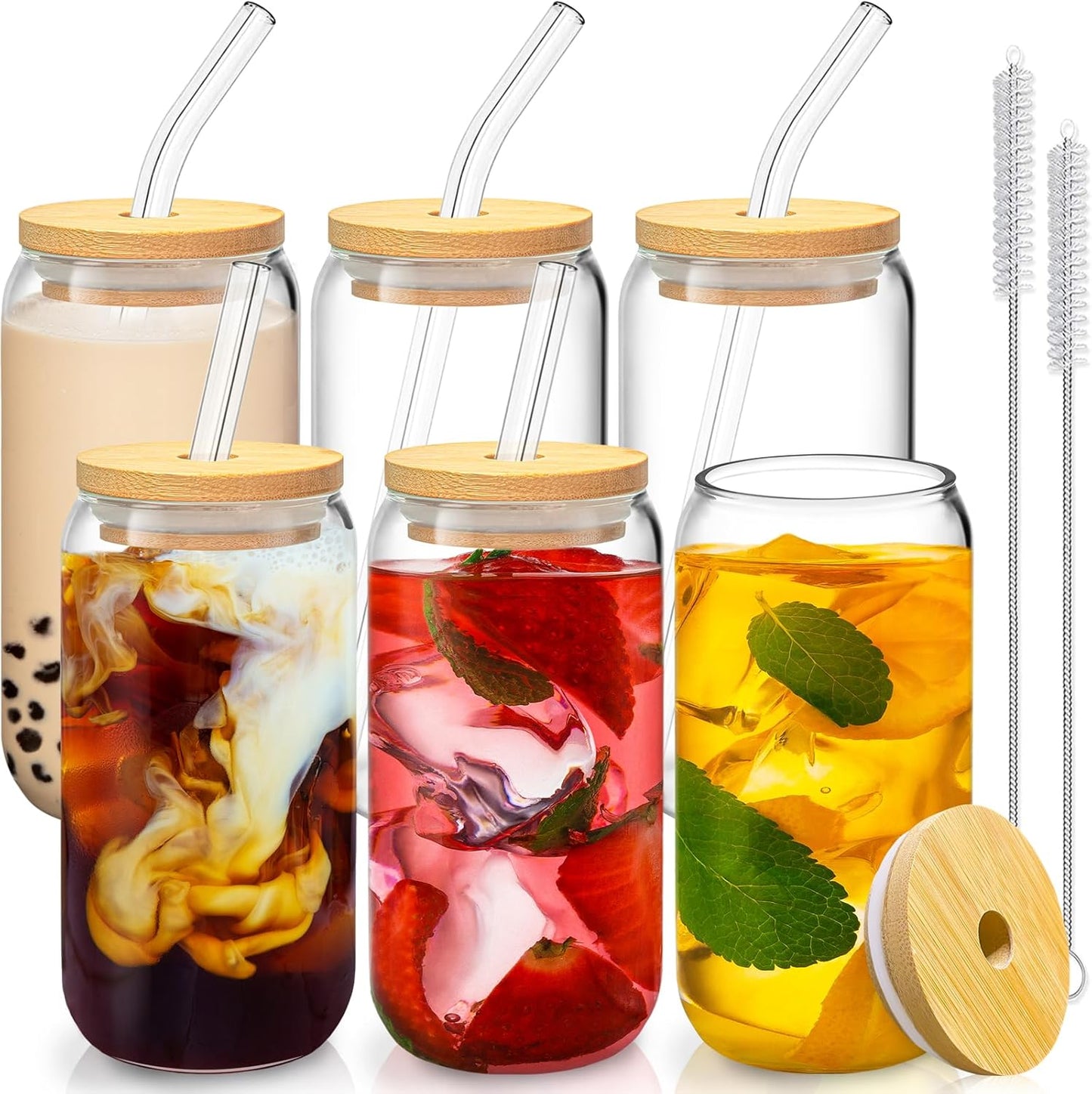 Reusable Glass Tumbler Set - Eco-Friendly 16 Oz Cups with Bamboo Lids & Straw