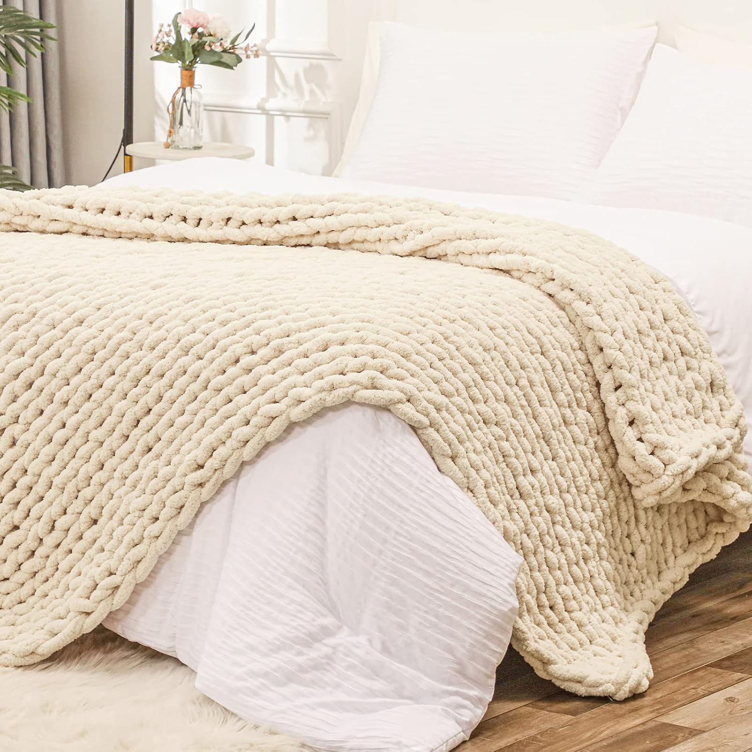 Bigacogo Chunky Knit Throw Blanket for Couch, Cozy Soft Design