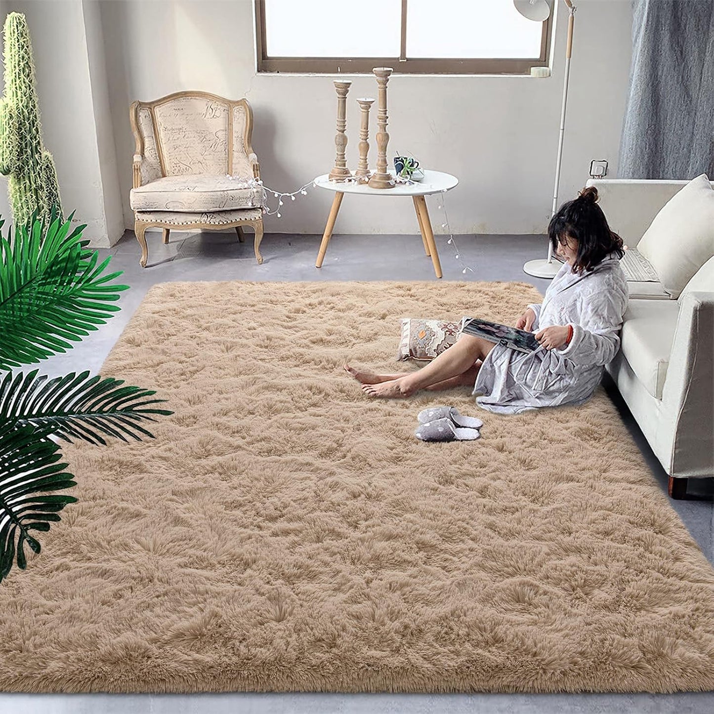 DweIke Fluffy Beige Rugs for Bedroom Living Room, 8x10 Soft Plush