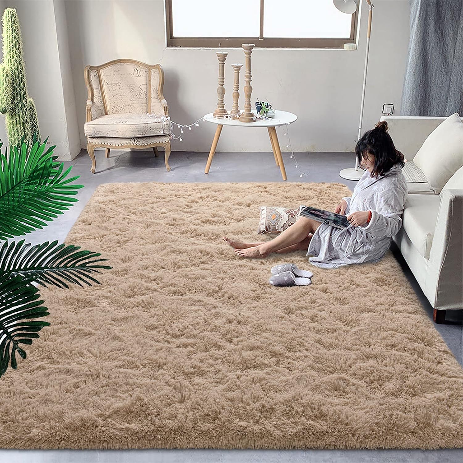 DweIke Fluffy Beige Rugs for Bedroom Living Room, 8x10 Soft Plush