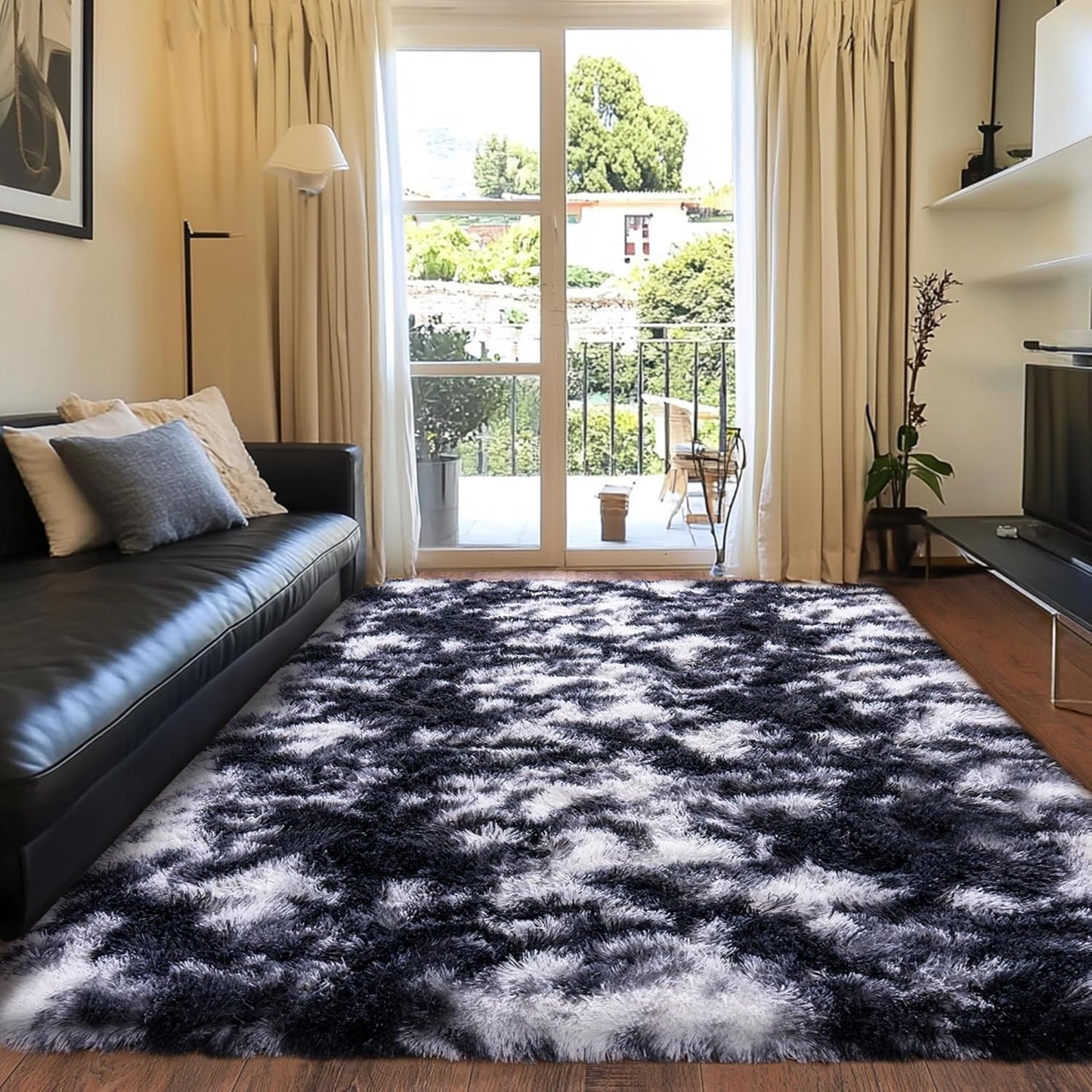 Fluffy Black and White Rug for Living Room and Bedroom Decor