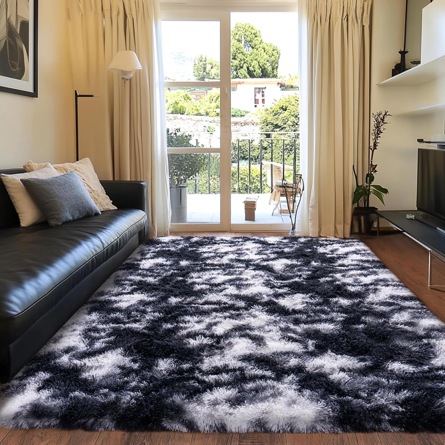 Fluffy Black and White Rug for Living Room and Bedroom Decor