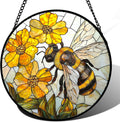 Stained Glass Window Hanging Bees and Flowers Sun Catcher 15 in