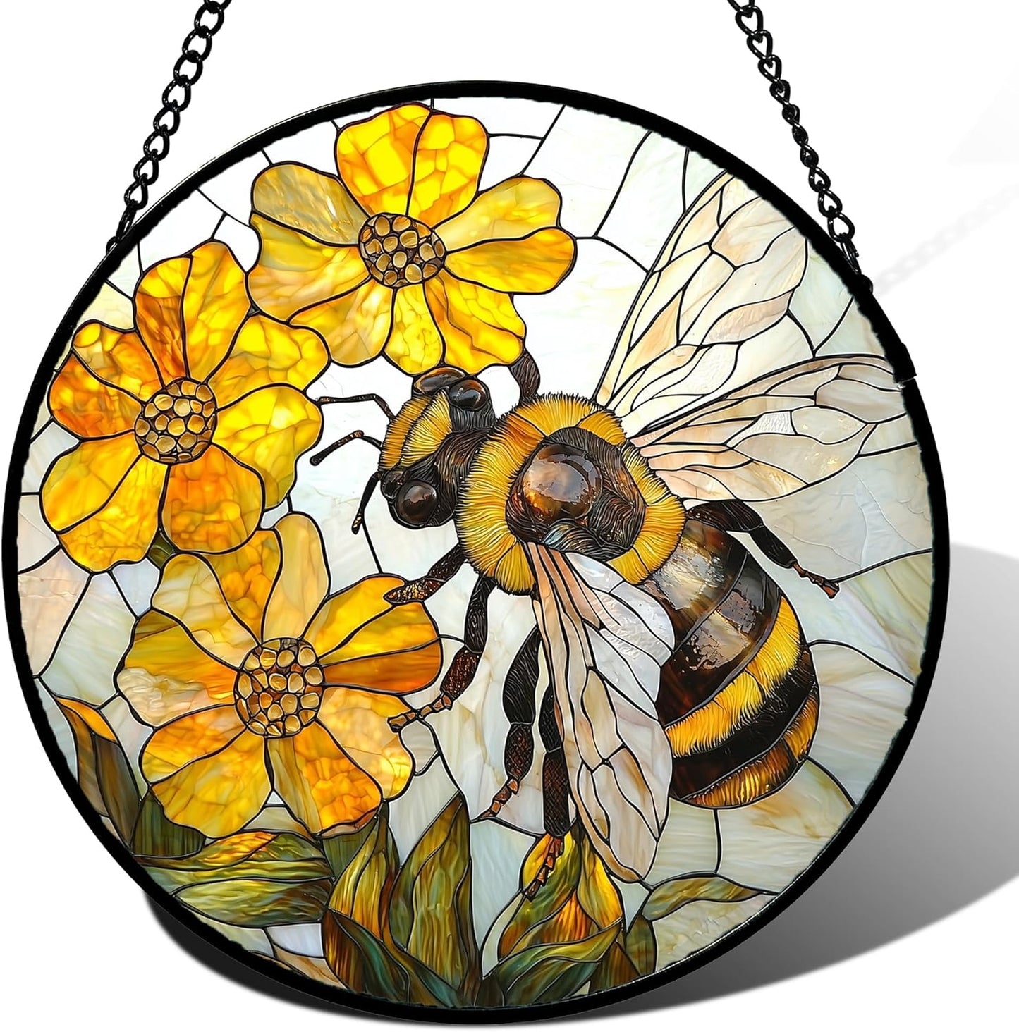 Stained Glass Window Hanging - Yellow Bees Gathering Flowers