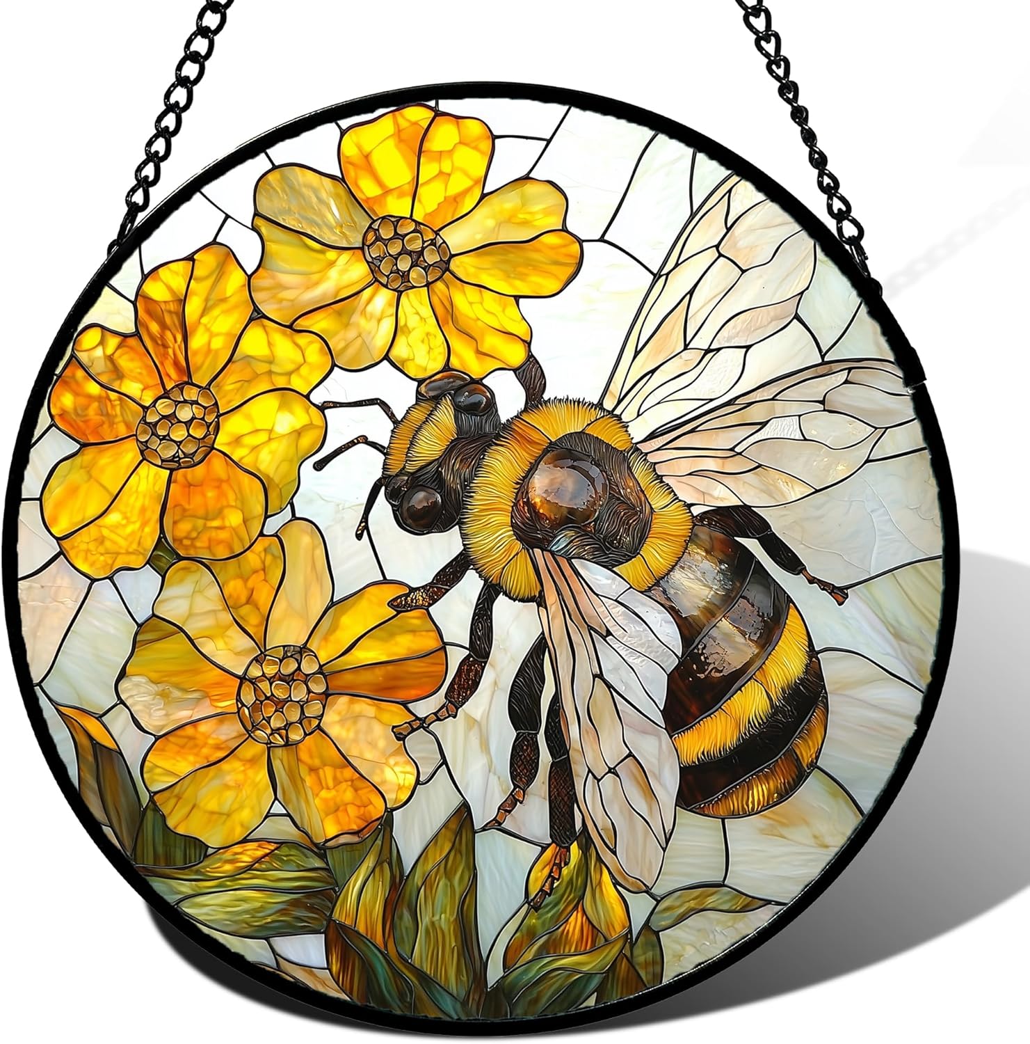 Stained Glass Window Hanging - Yellow Bees Gathering Flowers