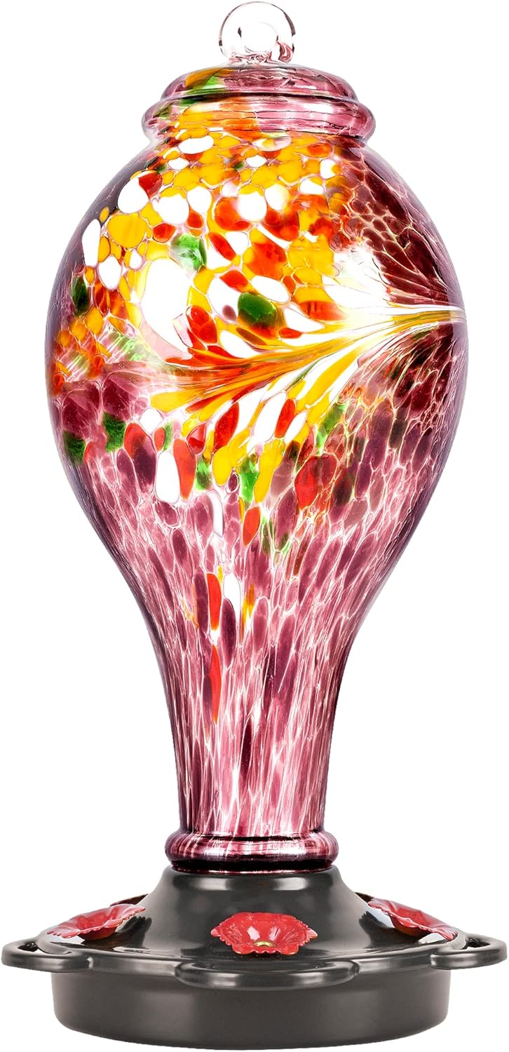 Hand Blown Glass Hummingbird Feeder with Ant Guard & Metal Base