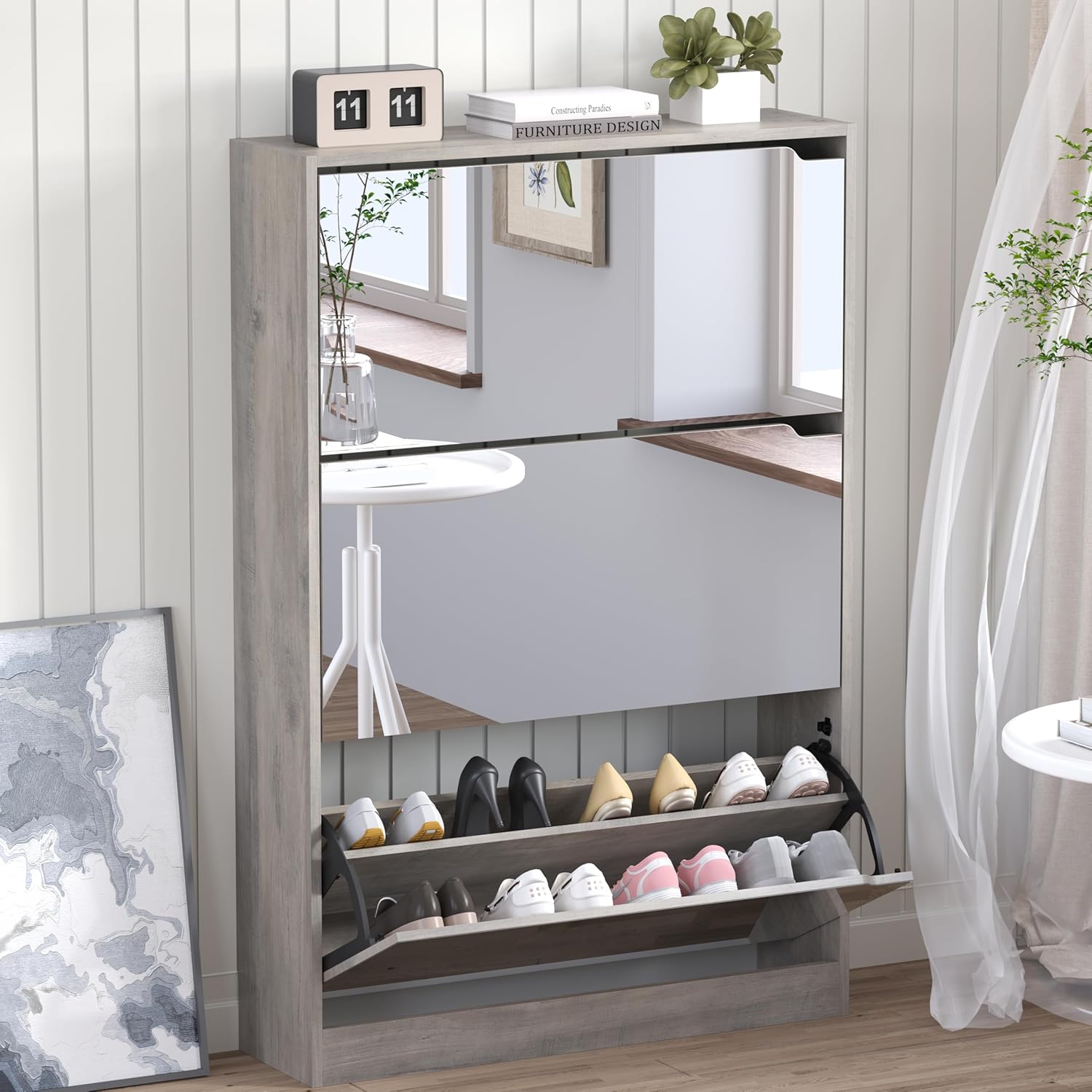 Shoe Cabinet with Mirror and 3 Flip Drawers for Entryway