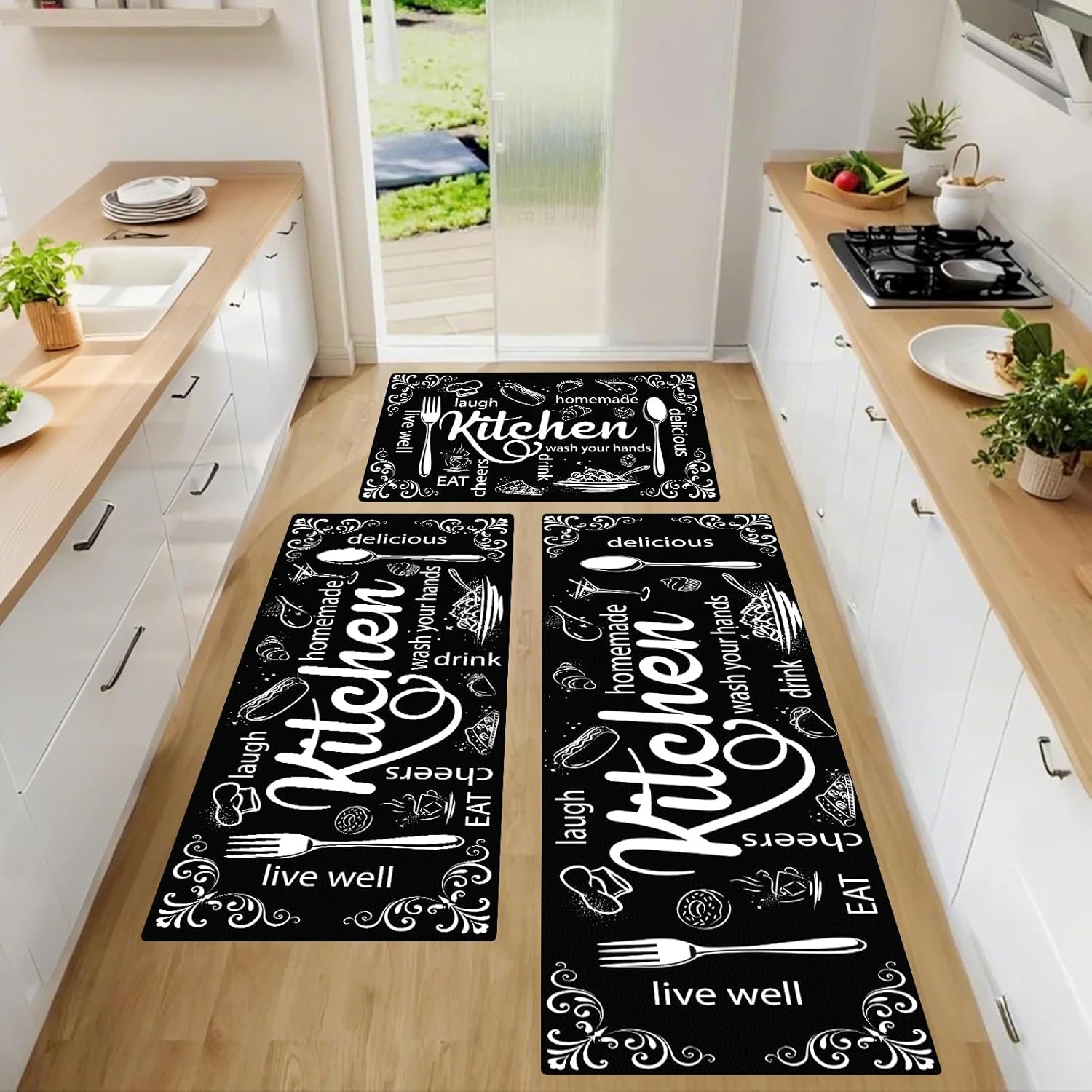 Non Slip Washable Kitchen Mats for Floor - Set of 3 Cushioned Rugs
