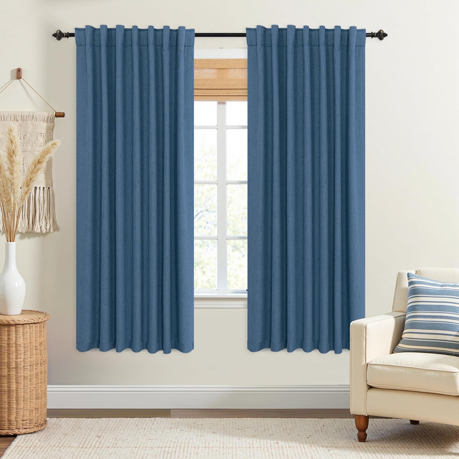 KOUFALL Denim Blue Back Tab Linen Blackout Curtains 52x72 Inch