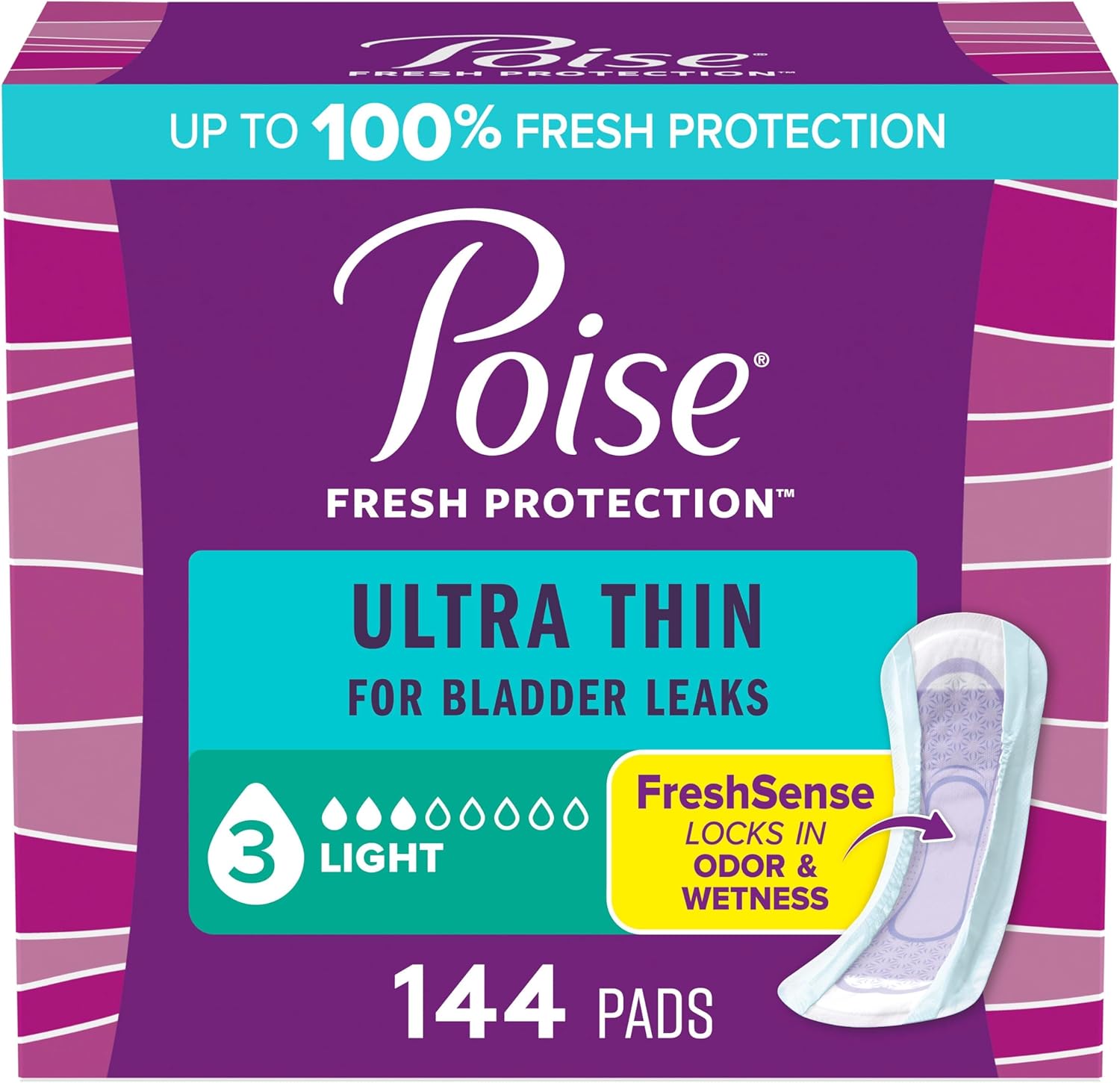 Poise Ultra Thin Incontinence Pads for Bladder Leaks, 144 Count