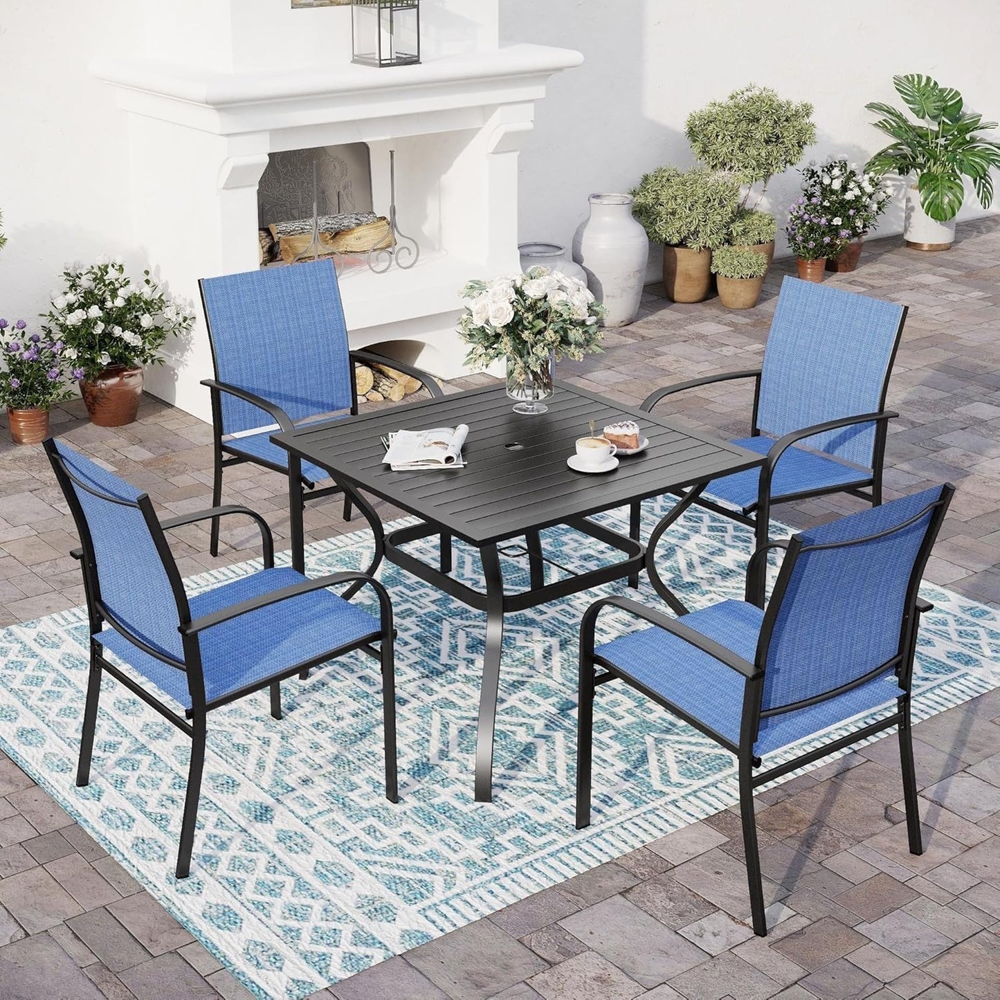 5 Piece Patio Dining Set for 4 with Umbrella Hole and Chairs