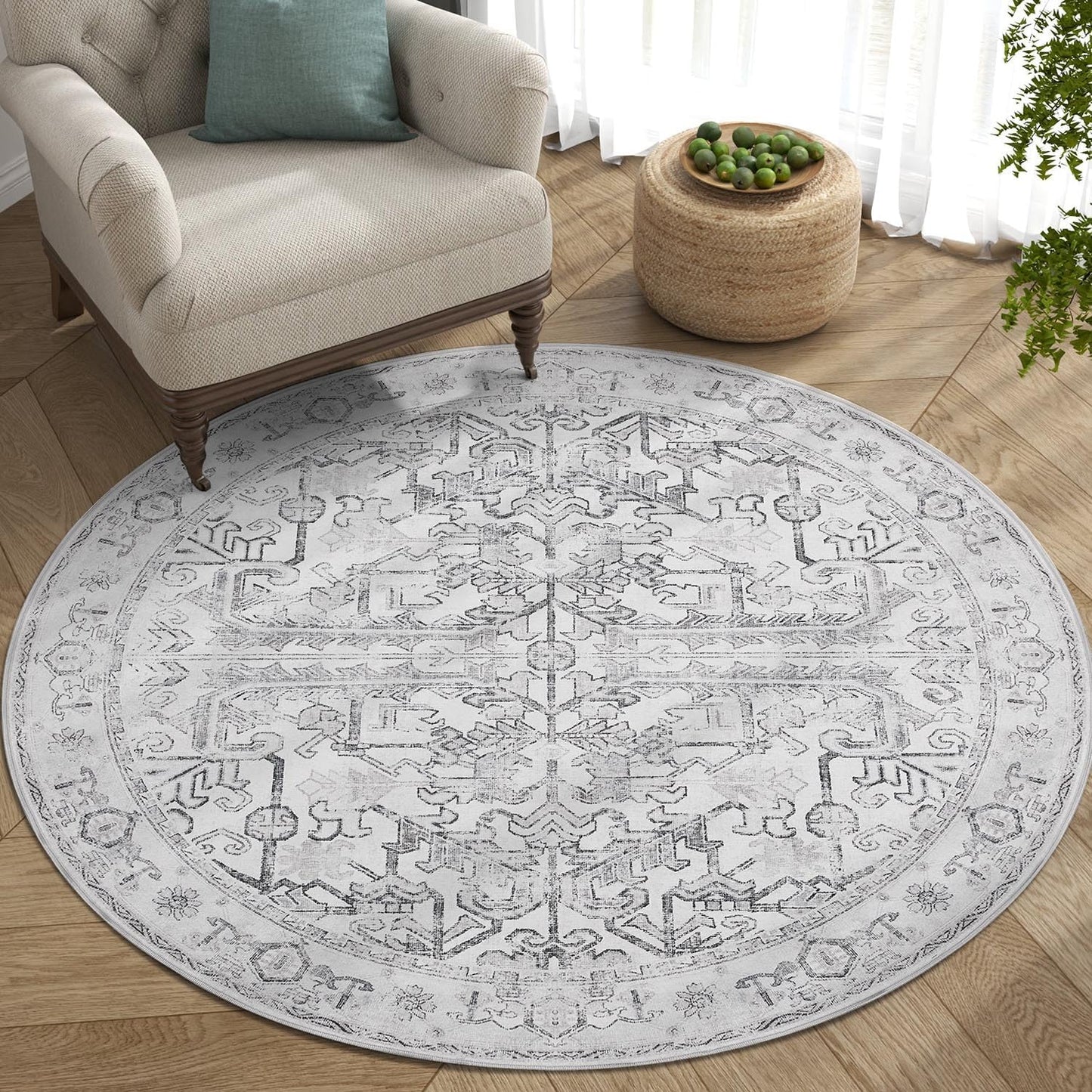 jinchan Round Rug 5ft Vintage Machine Washable Area Rug for Home