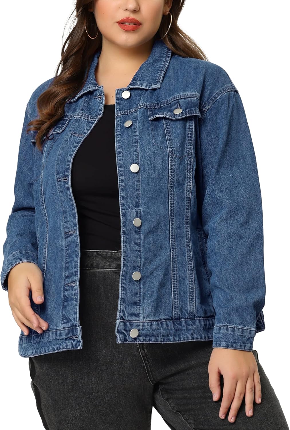 Plus Size Women's Jean Jacket with Button Front and Pockets