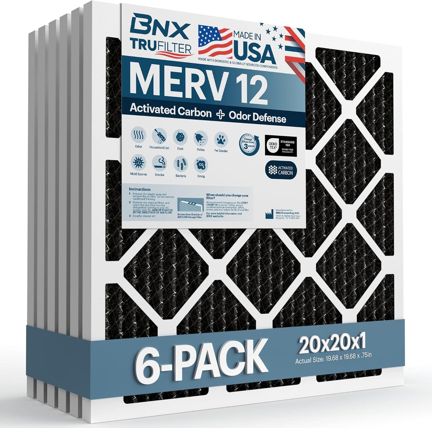 BNX TruFilter 20x20x1 MERV 12 Odor Defense Air Filters