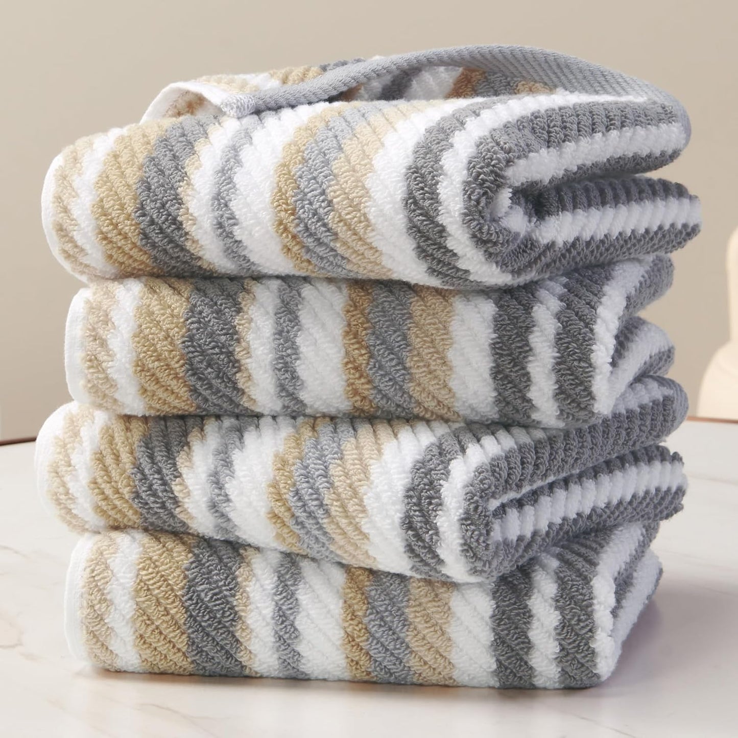 Beige Striped Hand Towels Set of 4 - Luxury Cotton Softness