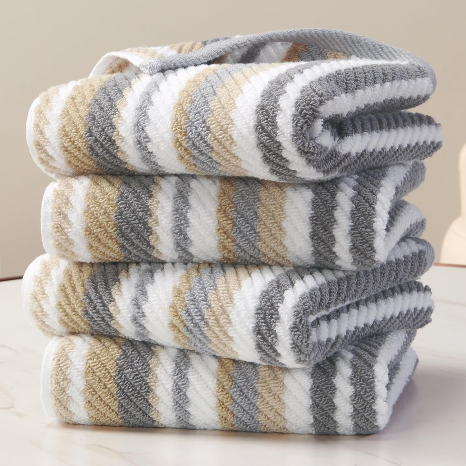 Beige Striped Hand Towels Set of 4 - Luxury Cotton Softness