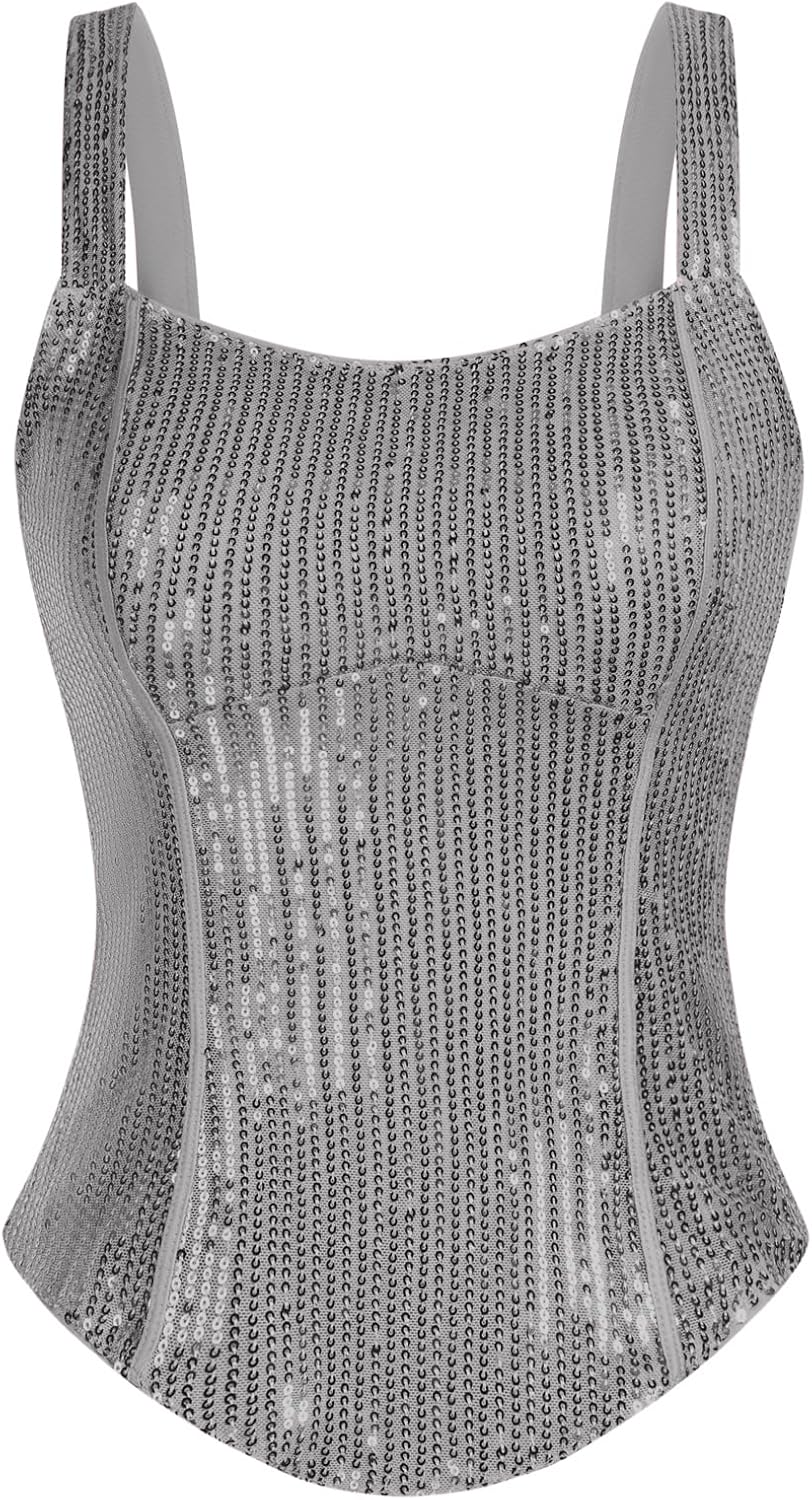 Sequin Tank Tops for Women - Sparkle Bustier Corset Top