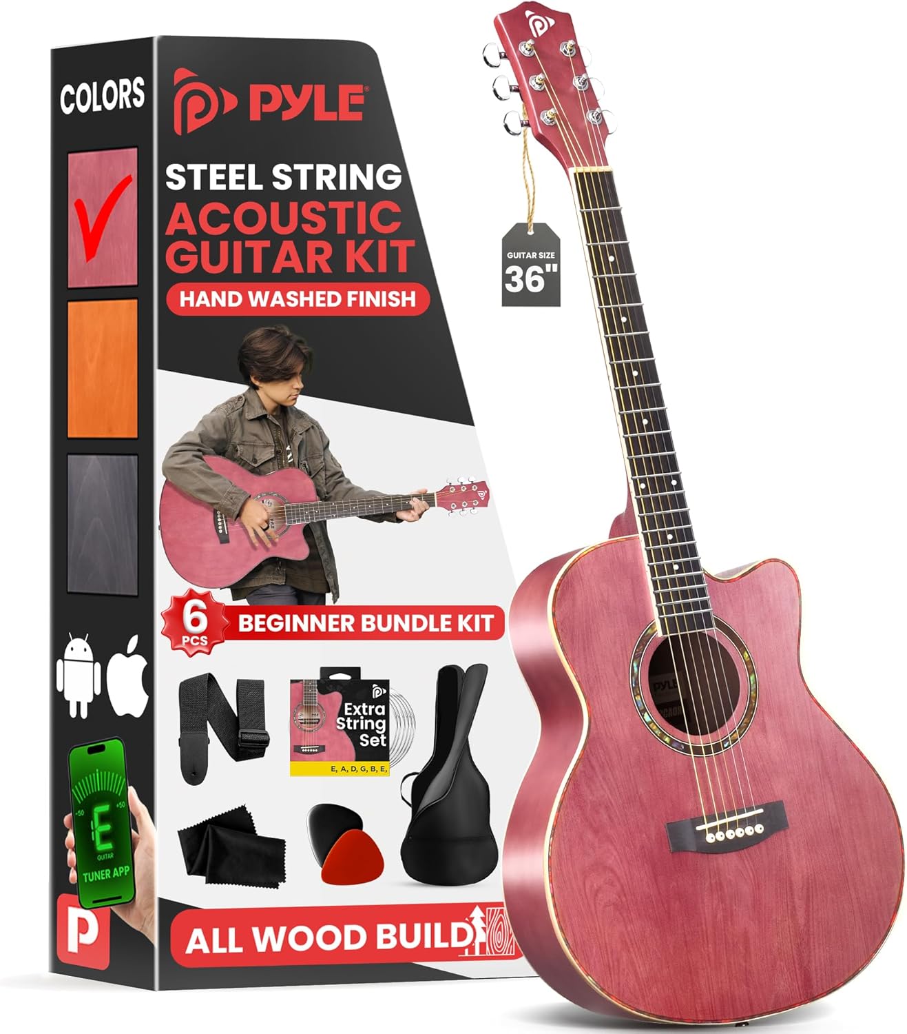 Pyle 3/4 Junior Acoustic Guitar Kit - Ideal for Beginner Kids & Adults!