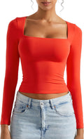 Women Square Neck Long Sleeve Tops Double Lined - Slim Fitted