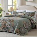 Olive Green Oversized Queen Quilt Set - Lightweight Floral Coverlet