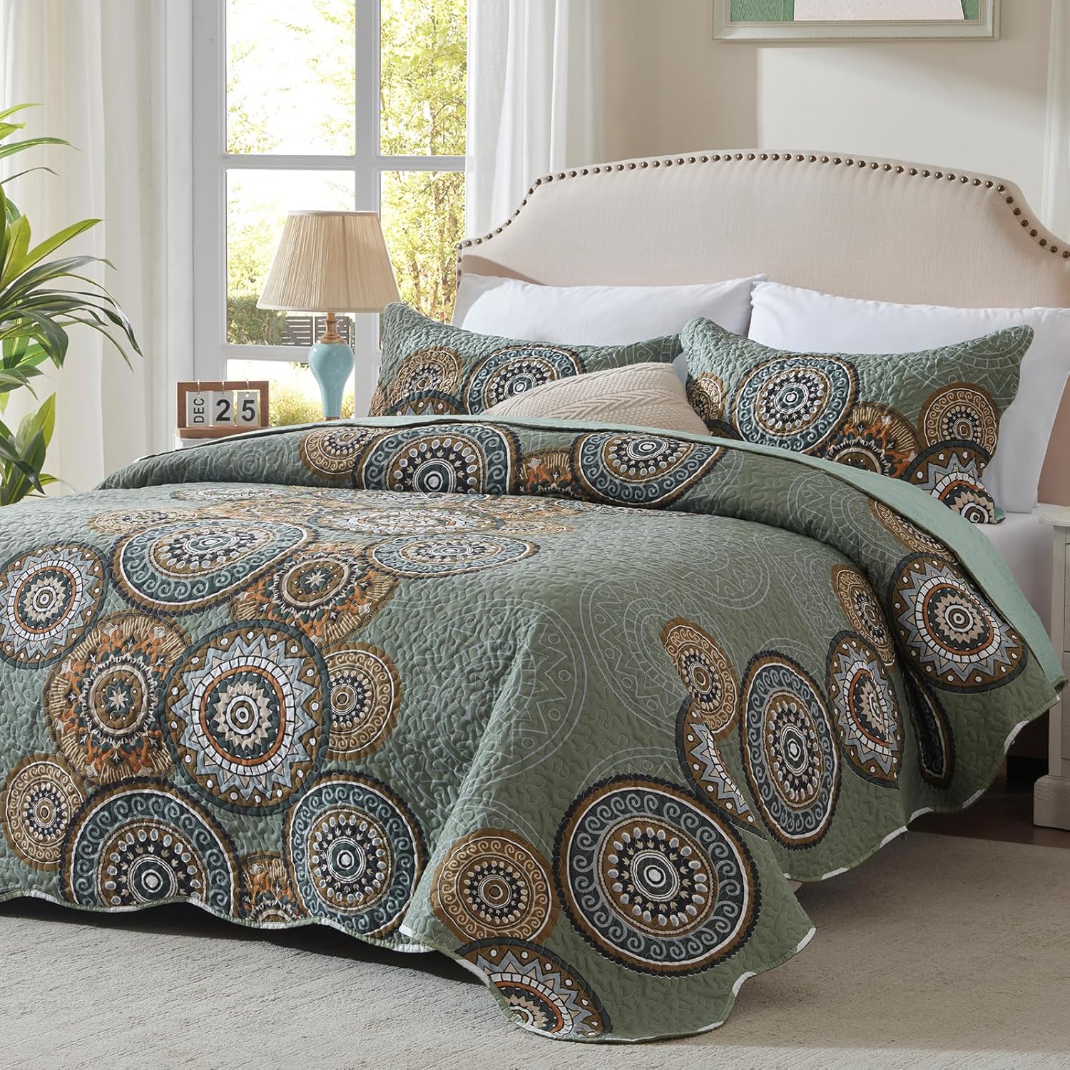 LEAONME Olive Green Quilt Set for Full Queen Size Beds