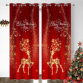 Red Christmas Curtain 2 Panel Set - Velvet Reindeer Snowflake Drapes