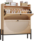 Rattan Shoe Cabinet with 2 Flip Drawers - Slim Oak Shoe Storage