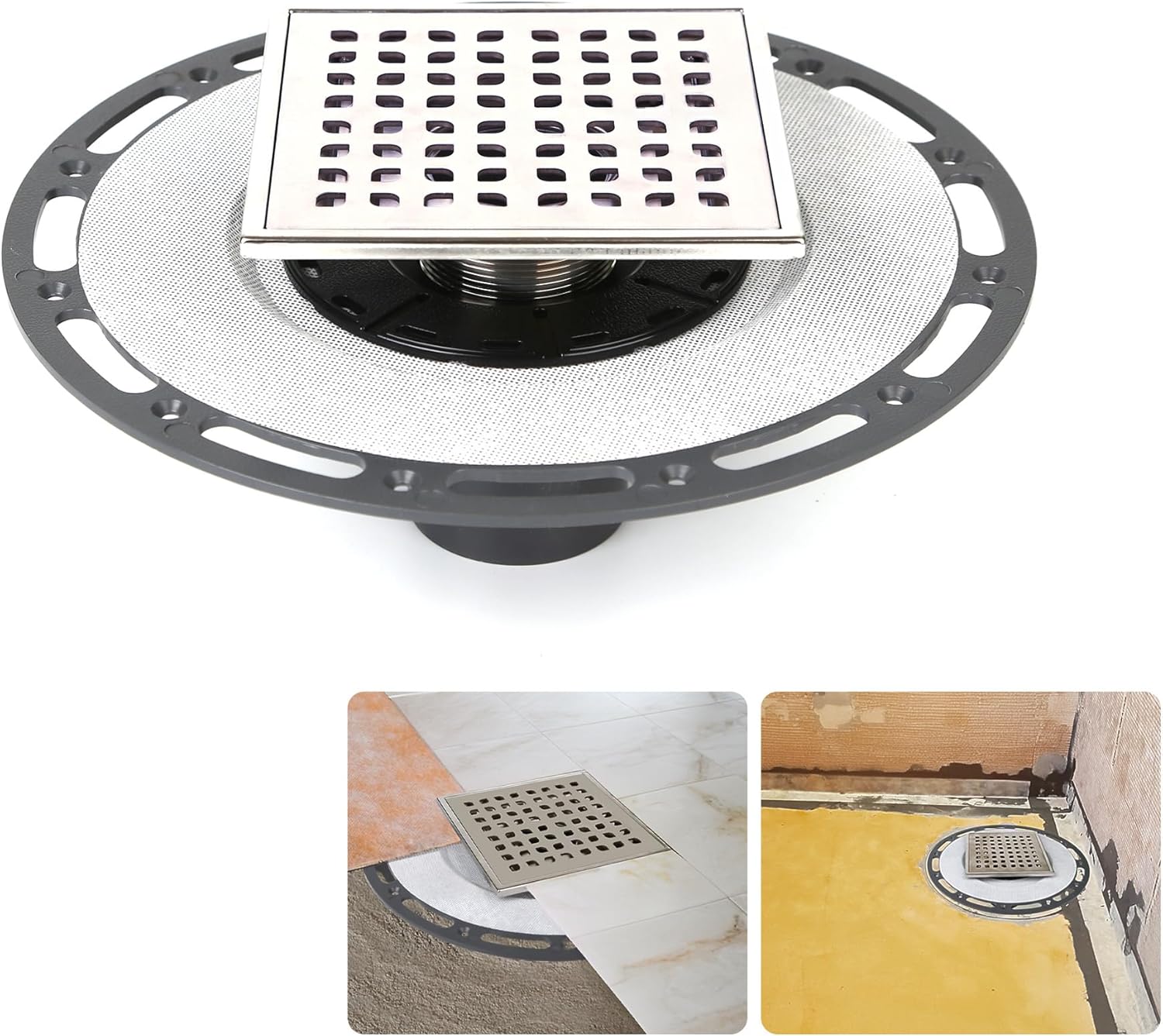 6-Inch Square Shower Drain with Bonding Flange for Easy Setup