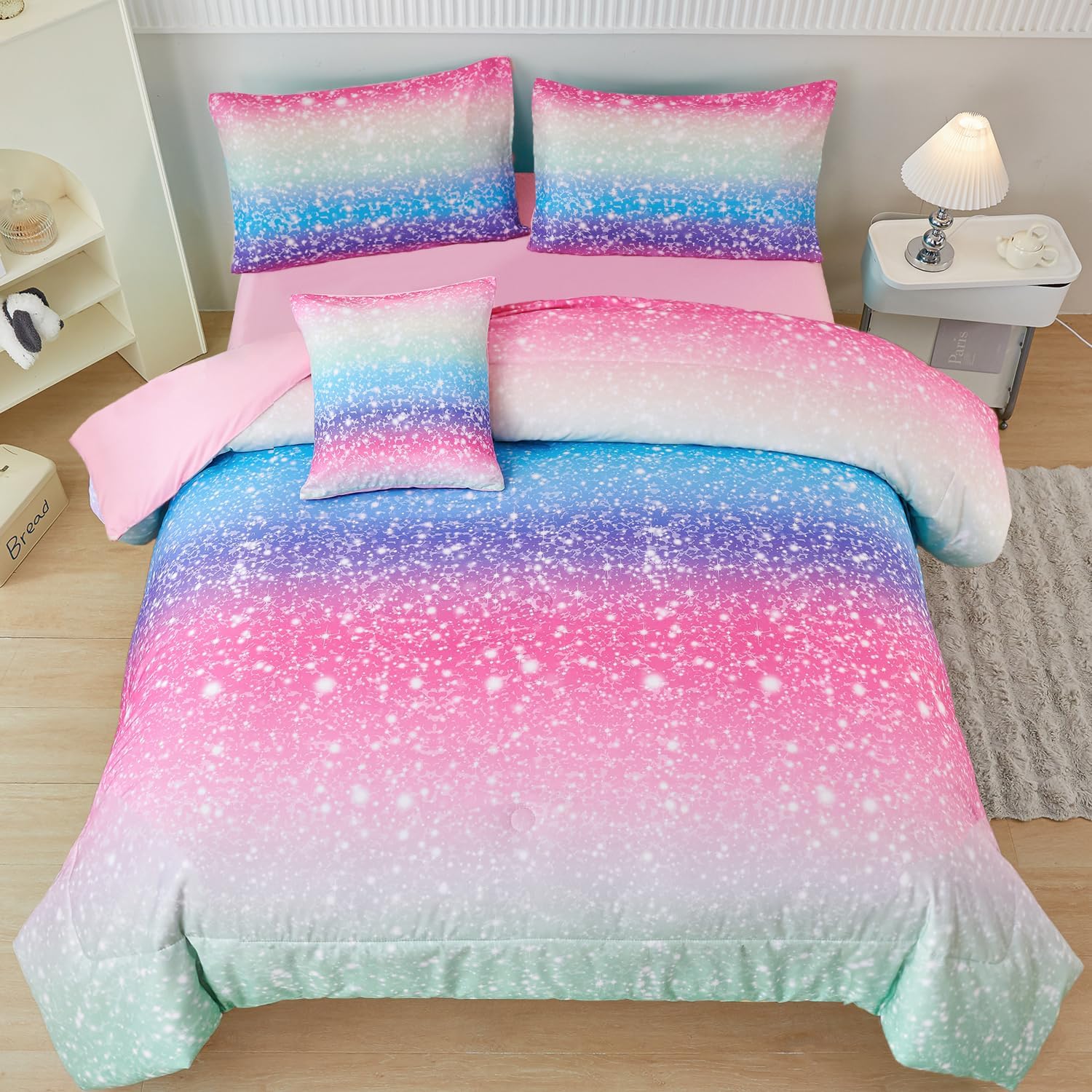 PERFEMET Blue Green Twin Comforter Set for Girls - 6 Pcs Bedding